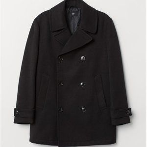 NWT Men's H&M Twill Double Breasted Black Pea Coat 46R